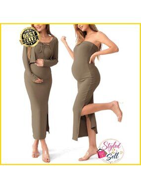 SUNNYBUY Maternity Tube Dress & Tie Front Cardigan 2-Piece Bodycon Set